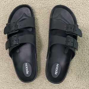 Brand new Rockin slip on sandals in black womens 11 mens 9.5, very comfortable